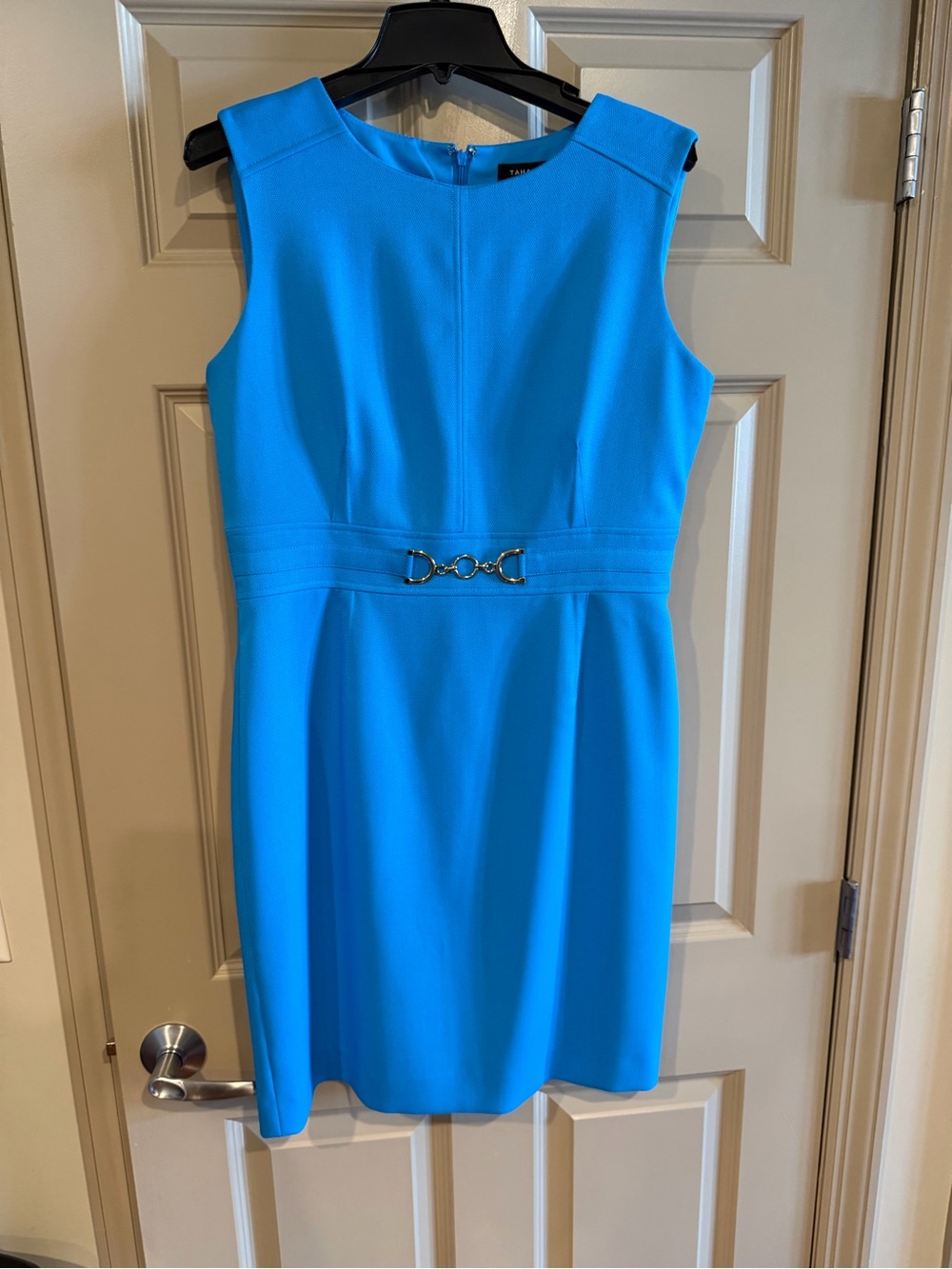 Sleeveless Bright Blue Turquoise Sheath Dress with Decorative Metal Waist Detail